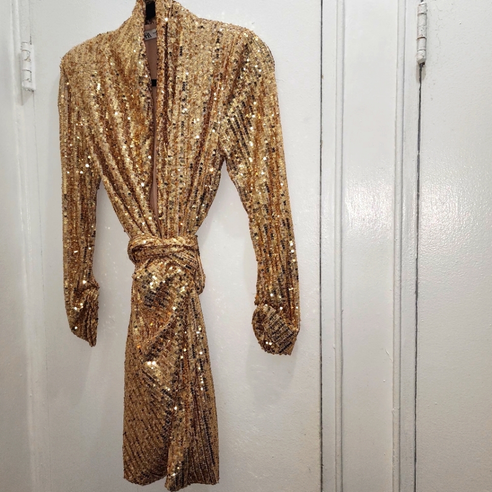 Zara Gold Sequined Mini Wrap Dress